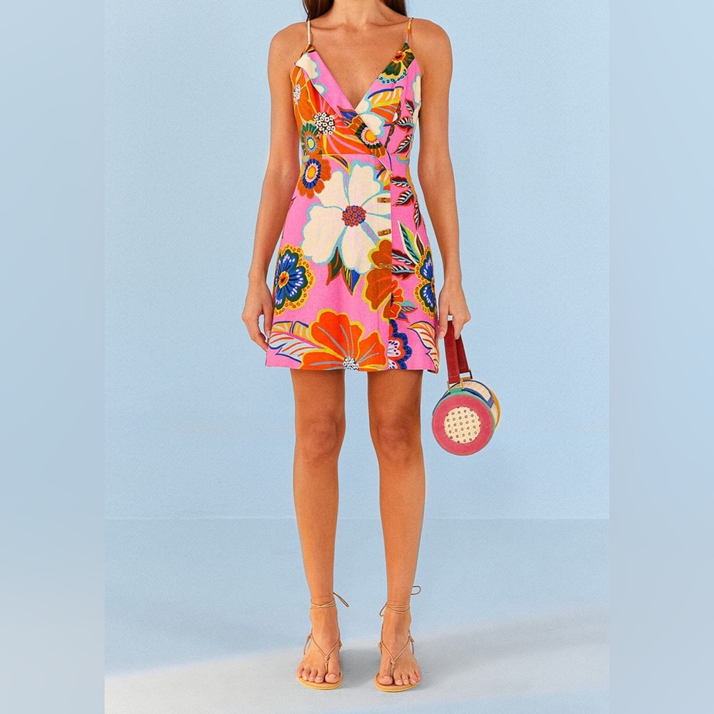 Farm Rio Pink Full Garden Mini dress size XS Floral Sundress Strappy